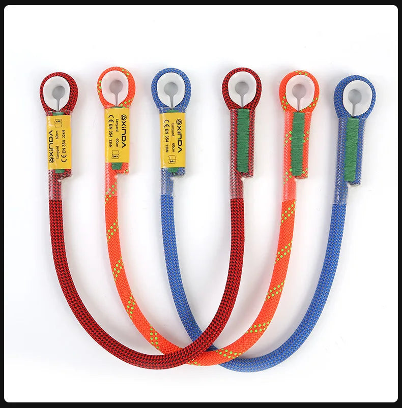 Five pre-sewn nylon cord loop slings in red, orange, blue, and green with metal clasps.