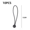 Ten black elastic tent tie-down ropes with plastic buckles, measuring 15cm long.