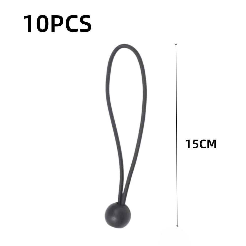 Ten black elastic tent tie-down ropes with plastic buckles, measuring 15cm long.