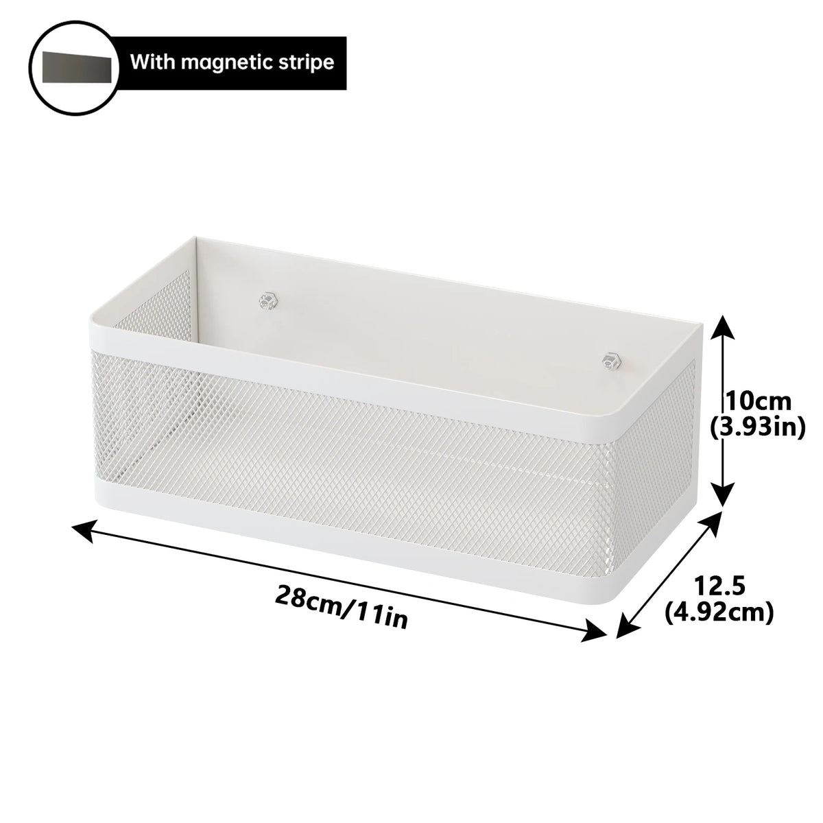 White magnetic strip refrigerator storage rack with a perforated design