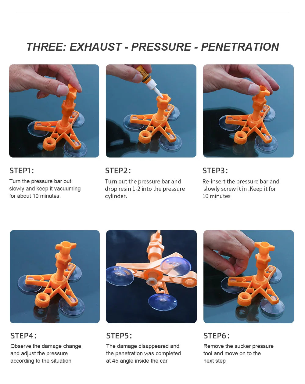 A three-step process demonstrating exhaust pressure bar penetration for auto glass repair.
