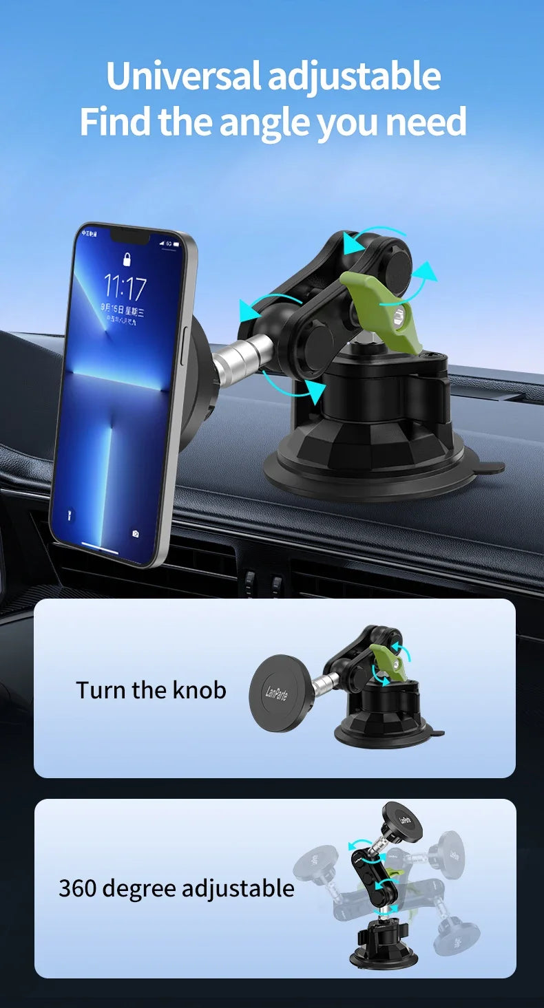 A magnetic car phone mount is shown with an adjustable angle, demonstrating a knob for adjustment and 360-degree adjustabilit