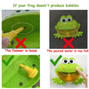 Comparison showing a frog toy that produces bubbles versus one that does not, demonstrating proper foamer insertion.