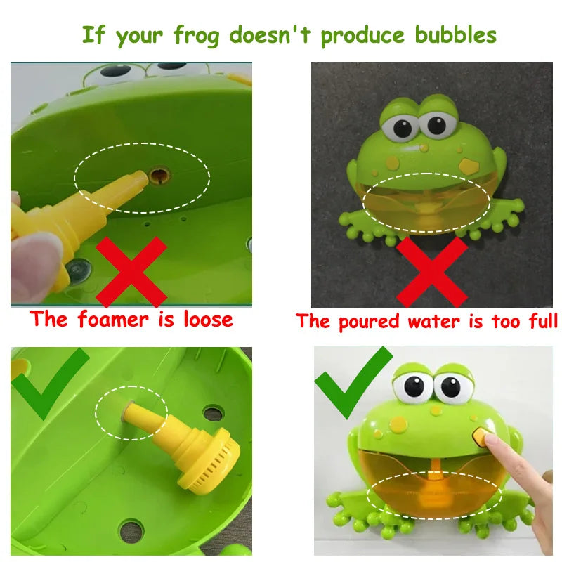 Comparison showing a frog toy that produces bubbles versus one that does not, demonstrating proper foamer insertion.