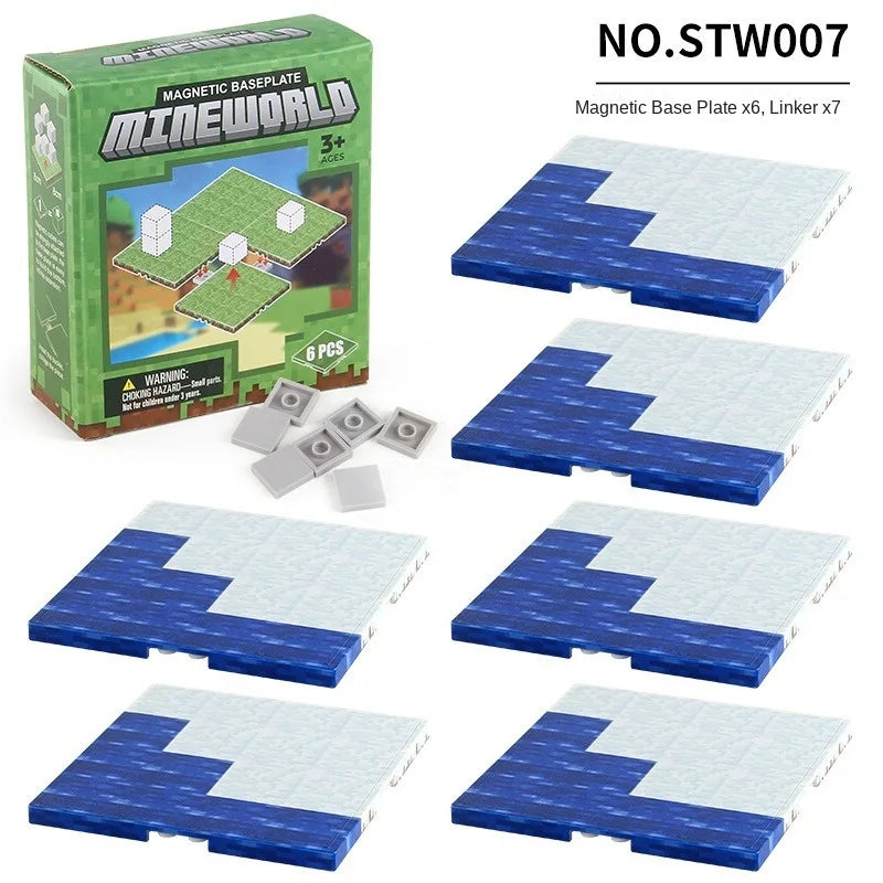 A set of six magnetic base plates in blue and white for building blocks.
