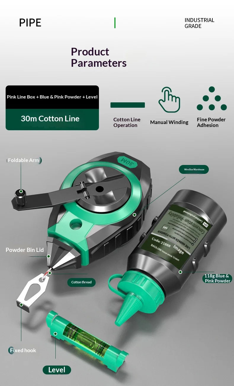 Chalk Line Reel with Quick Retraction for Precise Marking