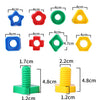 A set of colorful nut and bolt shaped building blocks for kids in various sizes and colors.