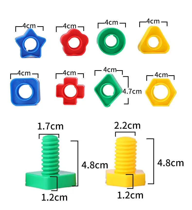 A set of colorful nut and bolt shaped building blocks for kids in various sizes and colors.