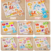 A set of ten wooden puzzles depicting various themes including farm, ocean, animal, shape, insect, dinosaur, and life style.