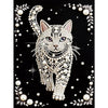 Diamond painting kit featuring a white cat with pearl accents surrounded by floral elements on a black background