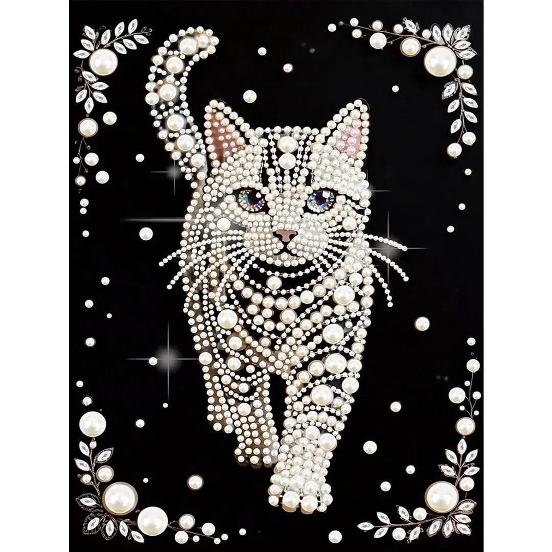Diamond painting kit featuring a white cat with pearl accents surrounded by floral elements on a black background