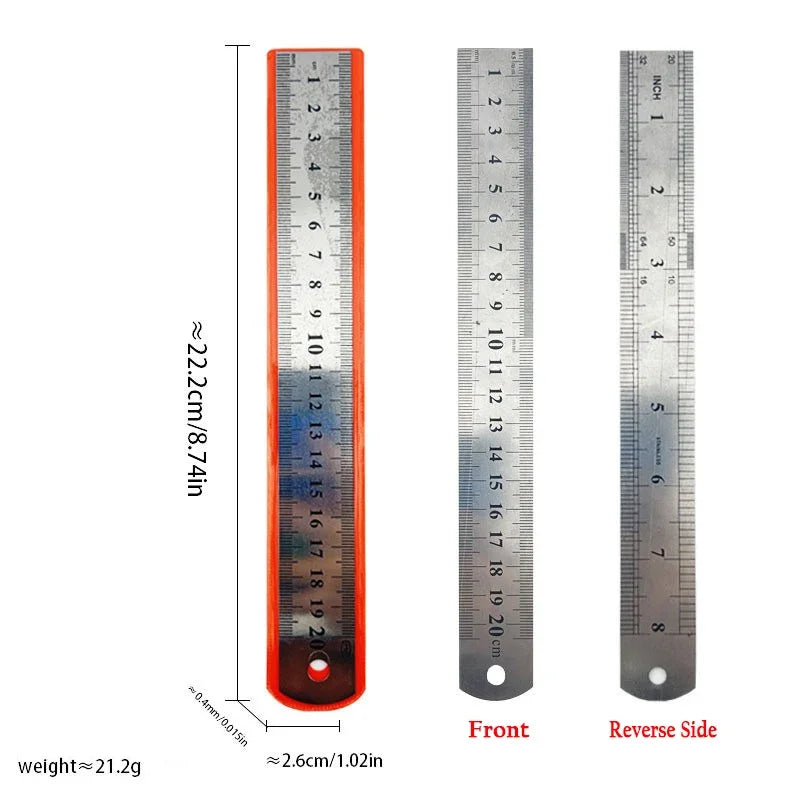 A sewing kit featuring a 45mm rotary cutter, cutting mat, ruler, and spare blades shown with dimensions.