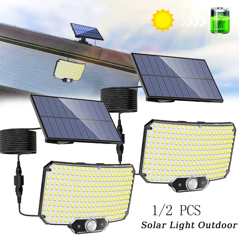Two solar powered outdoor light fixtures with LED bulbs and a solar panel in daylight.