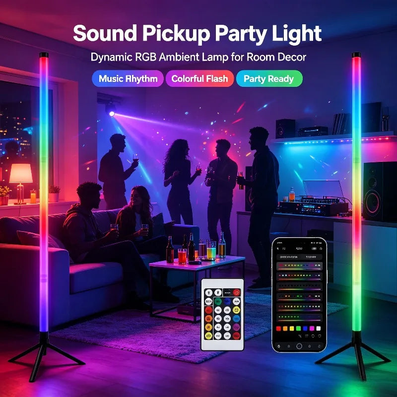 A dynamic RGB ambient lamp used as a party light in a living room setting with people dancing.