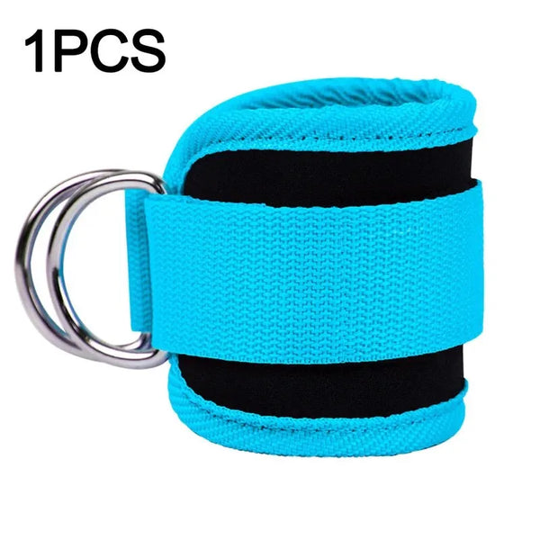 One piece of bright blue ankle resistance band with black cushioned straps and a metal clasp.