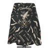 Black waterproof hair cutting cape featuring various barber tools and designs