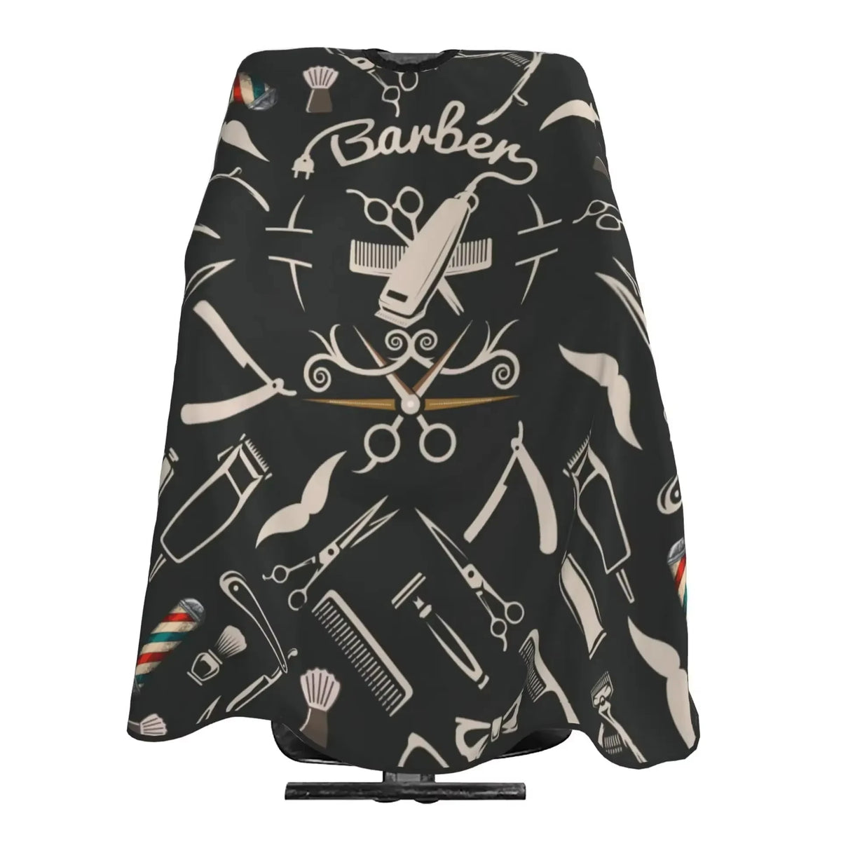 Black waterproof hair cutting cape featuring various barber tools and designs