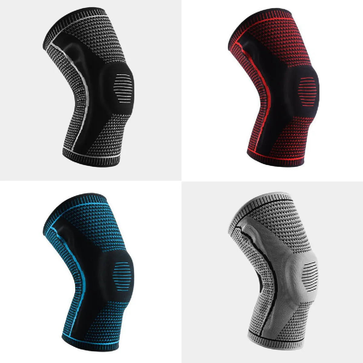 Three versions of a double-compression knee sleeve in black, red, and gray, shown from the side.