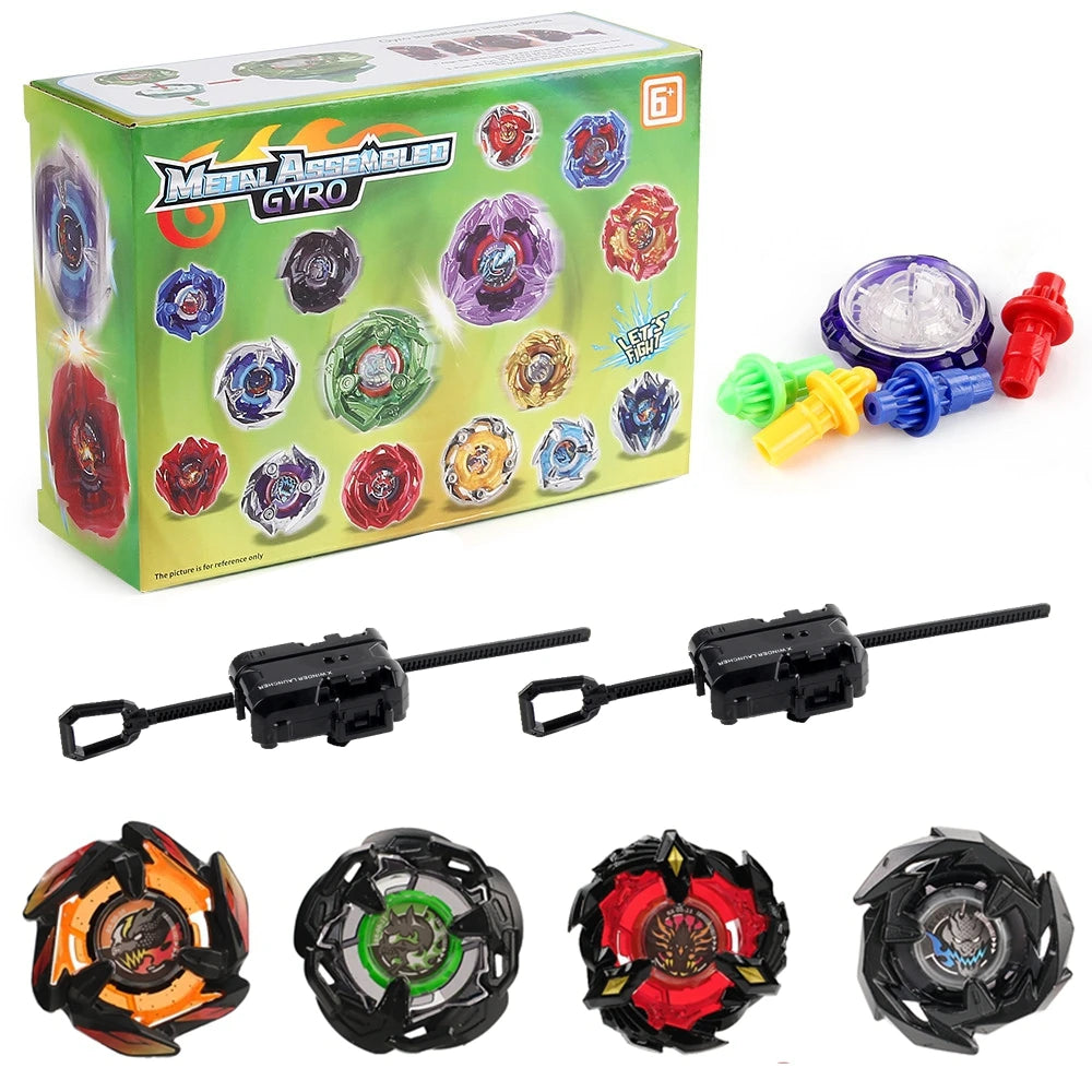 Metal Assemble Gyro spinning top battle set with multiple colored tops and launchers