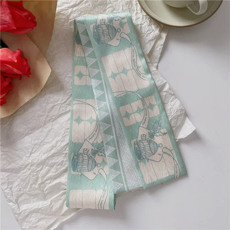 Floral Print Silk Hair Scarf for Women – Long Ribbon Headband