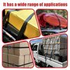 Various applications of auto-retractable ratchet tie-down straps shown on a yellow box, an orange boat, and stacked cardboard