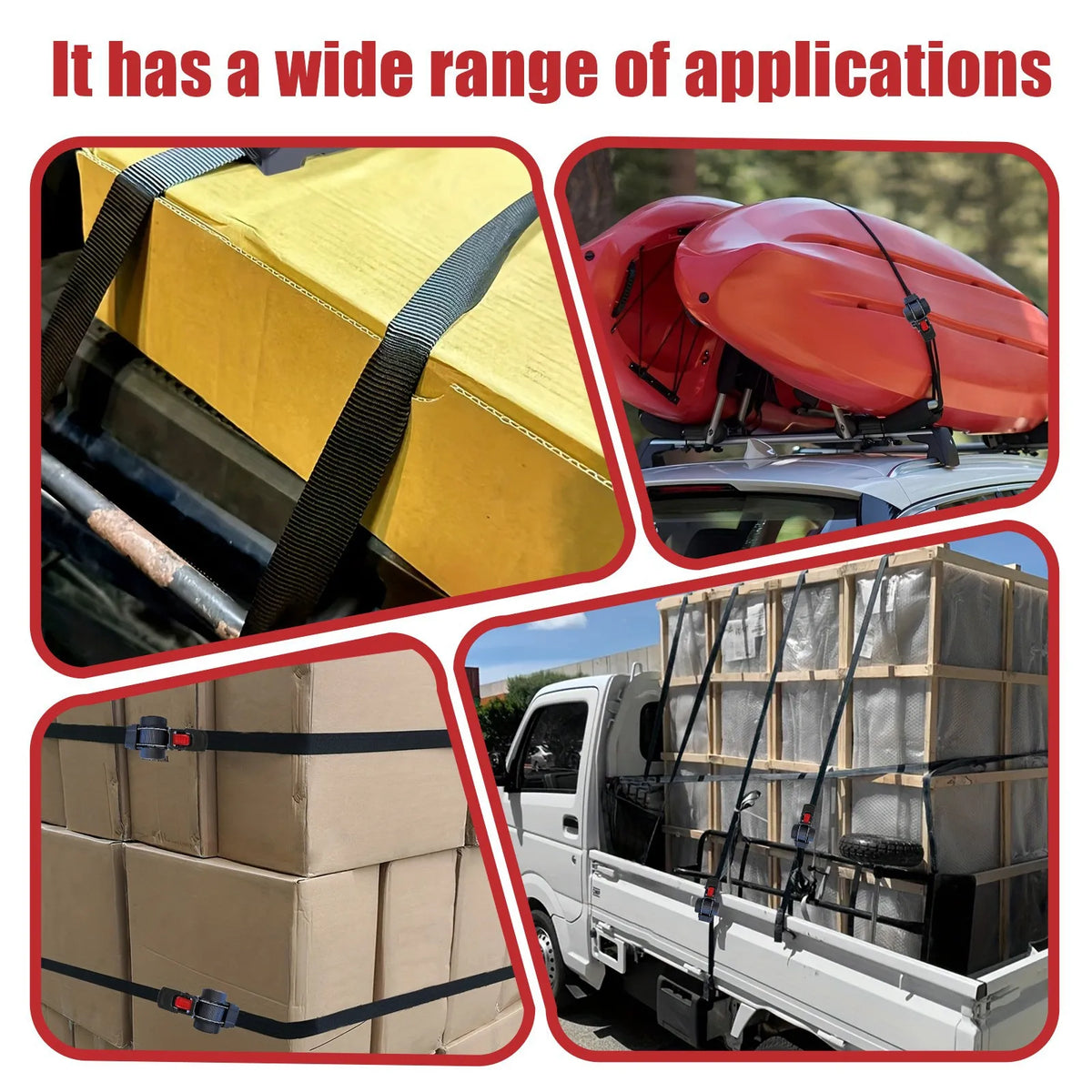 Various applications of auto-retractable ratchet tie-down straps shown on a yellow box, an orange boat, and stacked cardboard