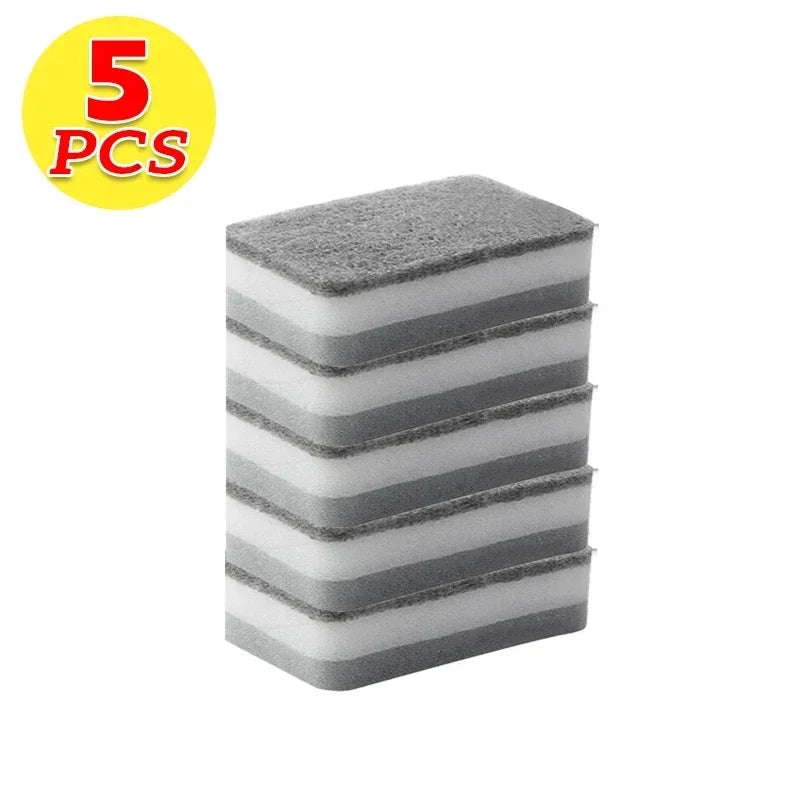 Five gray reusable double-sided cleaning sponges stacked in a rectangular arrangement.