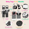A set of black and white baby toys including wrist and foot finders, a rattle, and crinkle sound paper.