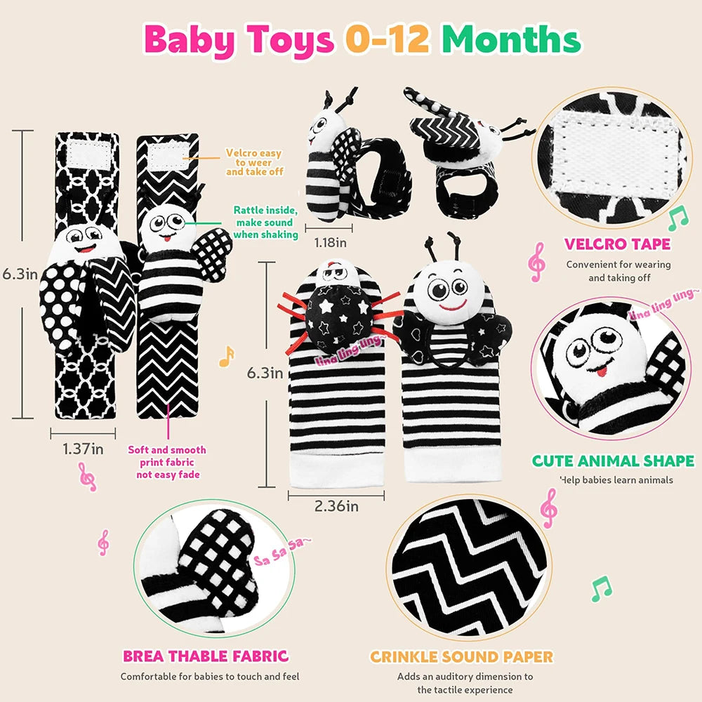 A set of black and white baby toys including wrist and foot finders, a rattle, and crinkle sound paper.