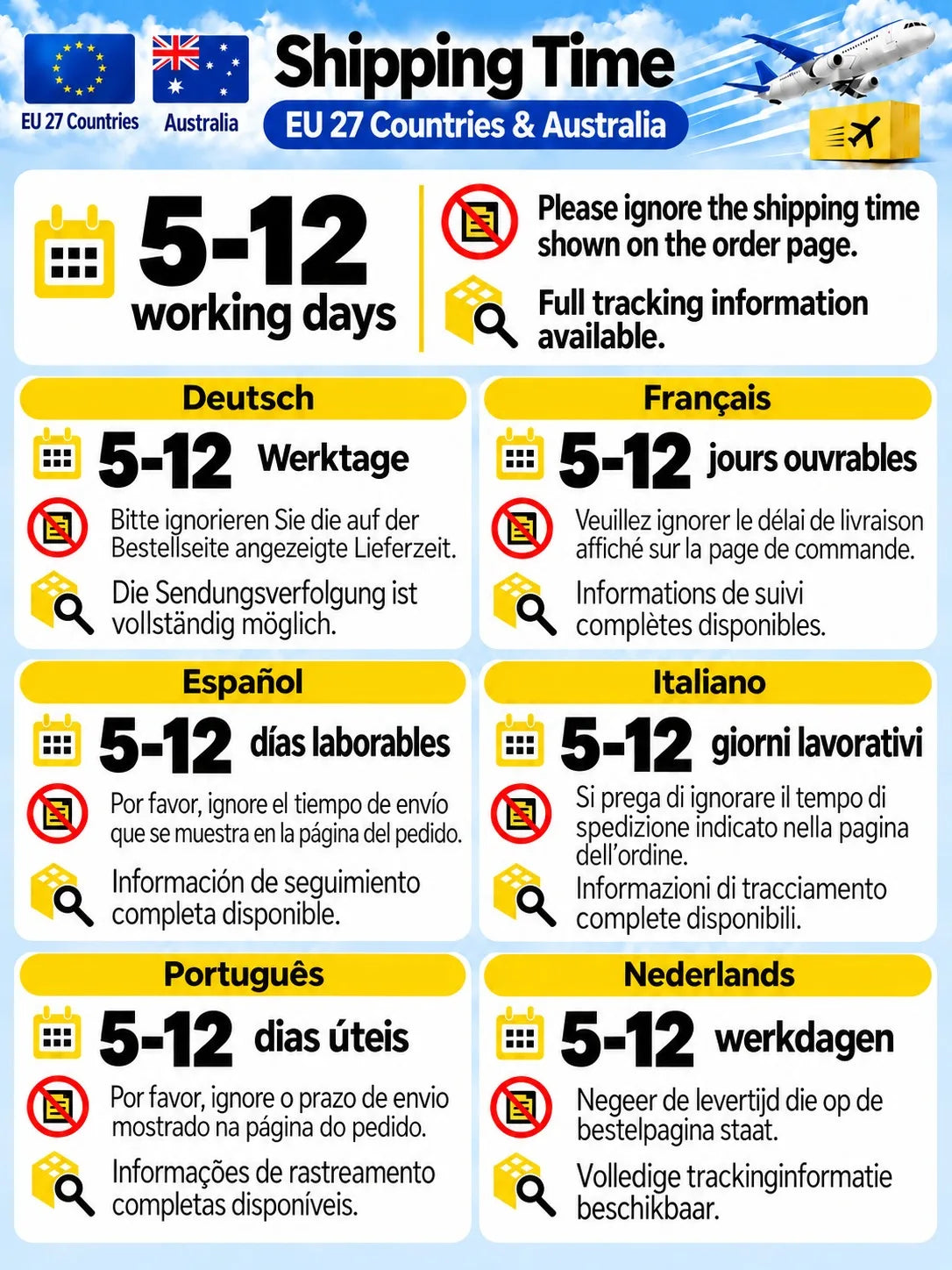 Shipping time information for various countries including EU, Australia, and others.