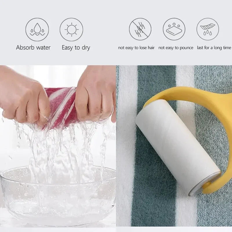 A rolled striped microfiber towel is shown being used to absorb water in a bowl, with features highlighting water absorption 