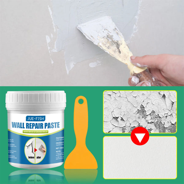 A tube of Jue-Fish Wall Repair Paste next to a paintbrush applying the paste to a wall surface.