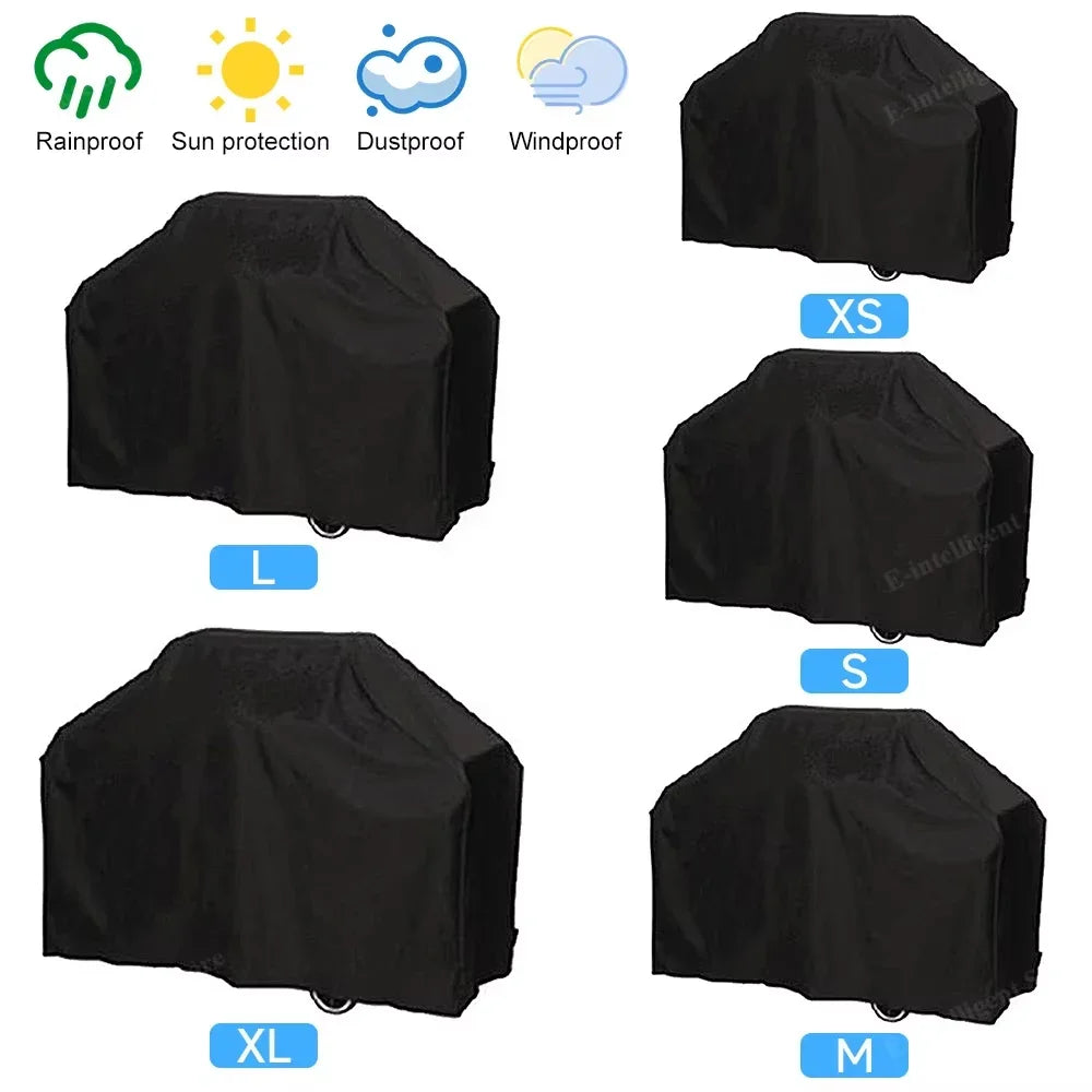 Various sizes of black heavy-duty waterproof grill covers including L, S, M, XS, and XL options