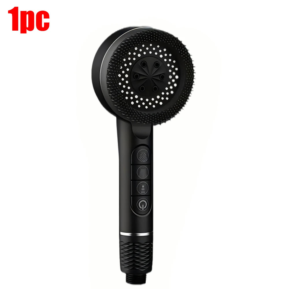 Black high-pressure handheld shower head with a perforated silicone nozzle and control buttons