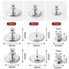 Set of magnetic curtain clips with detachable button fasteners shown in various sizes and angles.