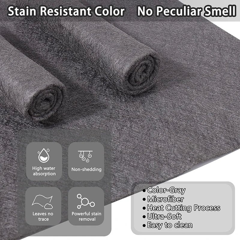 Gray stain resistant microfiber cleaning cloths rolled up showing features like high water absorption and non-shedding