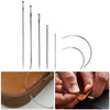 Hand sewing needles and waxed polyester thread shown with a close-up of the thread being used for stitching.