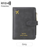 A dark grey leather travel wallet featuring an airplane pattern and RFID protection.