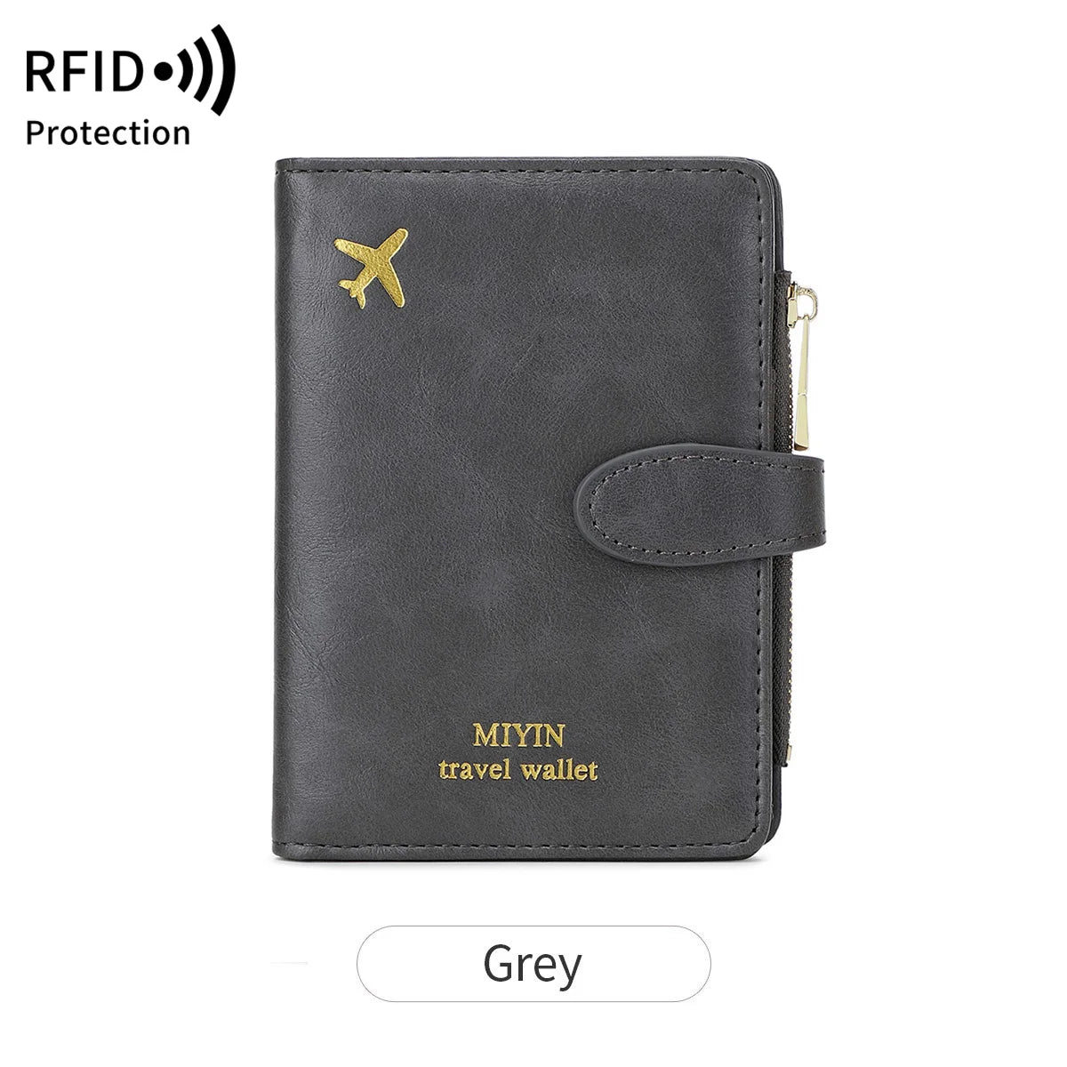 A dark grey leather travel wallet featuring an airplane pattern and RFID protection.