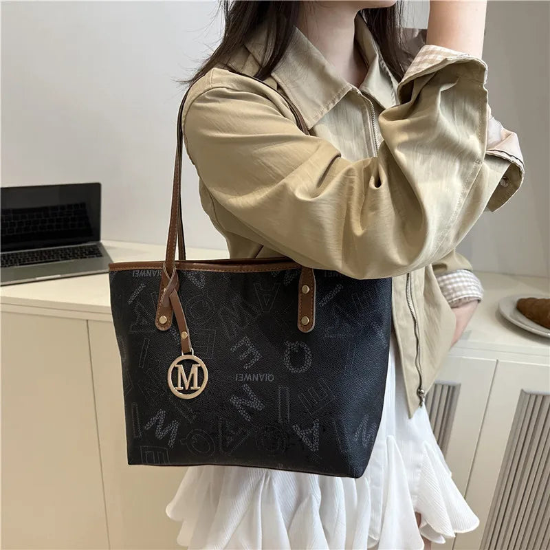 Large Capacity Letter-Print PU Leather Tote Bag