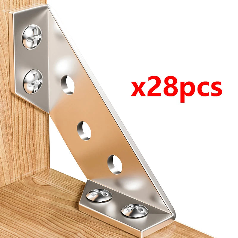 Silberne L-Buchsen-Knickverbinder für Holz und Metall, verschiedene Größen und Winkel zeigen.