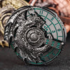 A silver metal spinner dice cube featuring a detailed wolf head design and a circular grid.