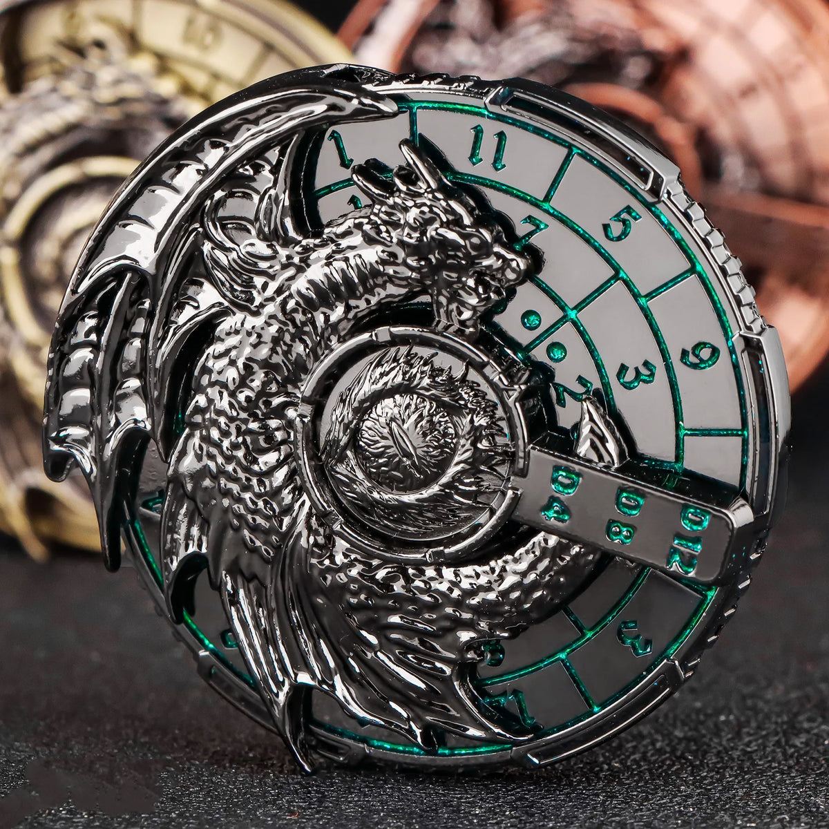 A silver metal spinner dice cube featuring a detailed wolf head design and a circular grid.