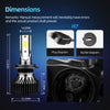 Diagrams and dimensions of an H7 LED headlight bulb with a silent fan and buckle for universal fit.