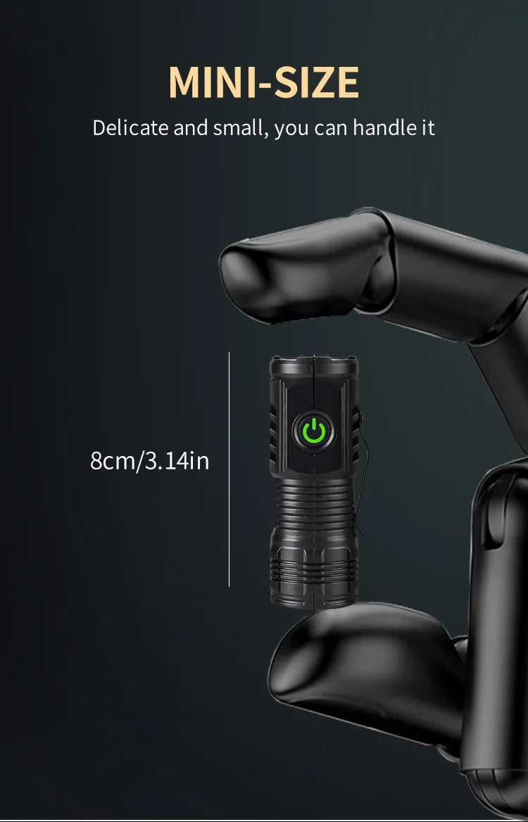 A close-up view of a mini black LED flashlight with a clip attached to a black glove hand.