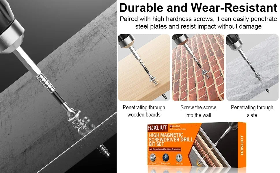 A set of magnetic screwdriver bits used for penetrating various materials like steel plates, wood boards, and slate.