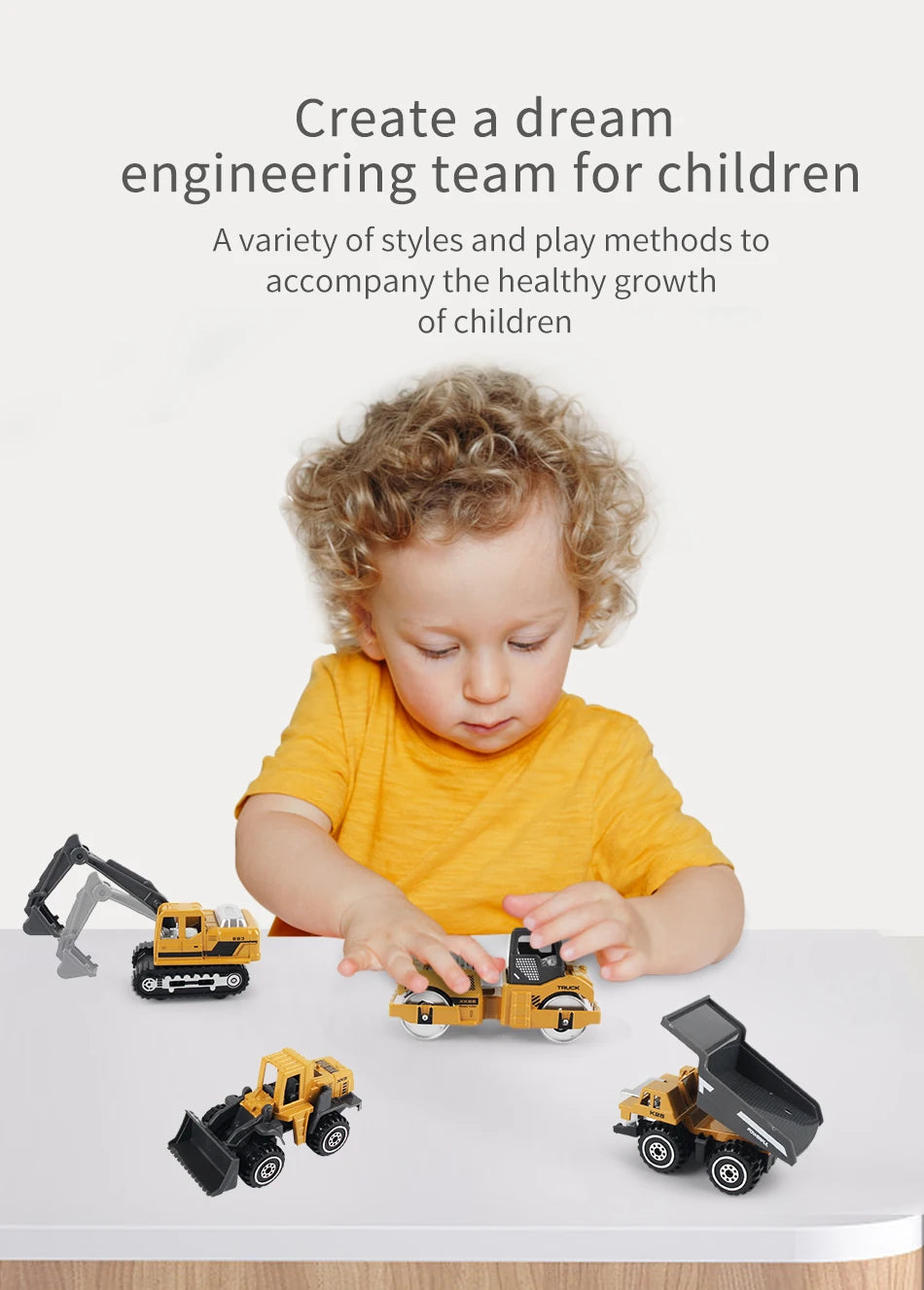 A young child is playing with a set of six die-cast construction truck toys including an excavator, loader, and tractor.