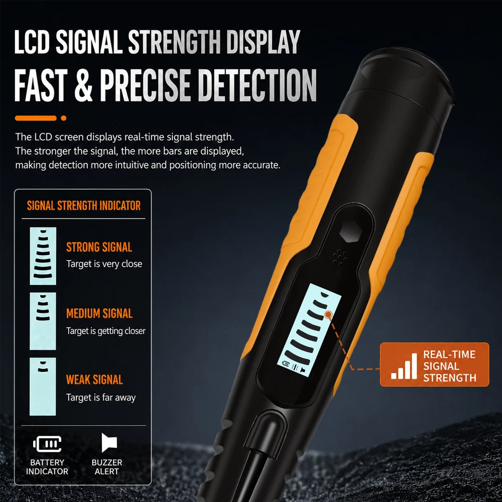 Close-up of an IP68 waterproof pinpointer metal detector with an LCD display showing signal strength indicators.