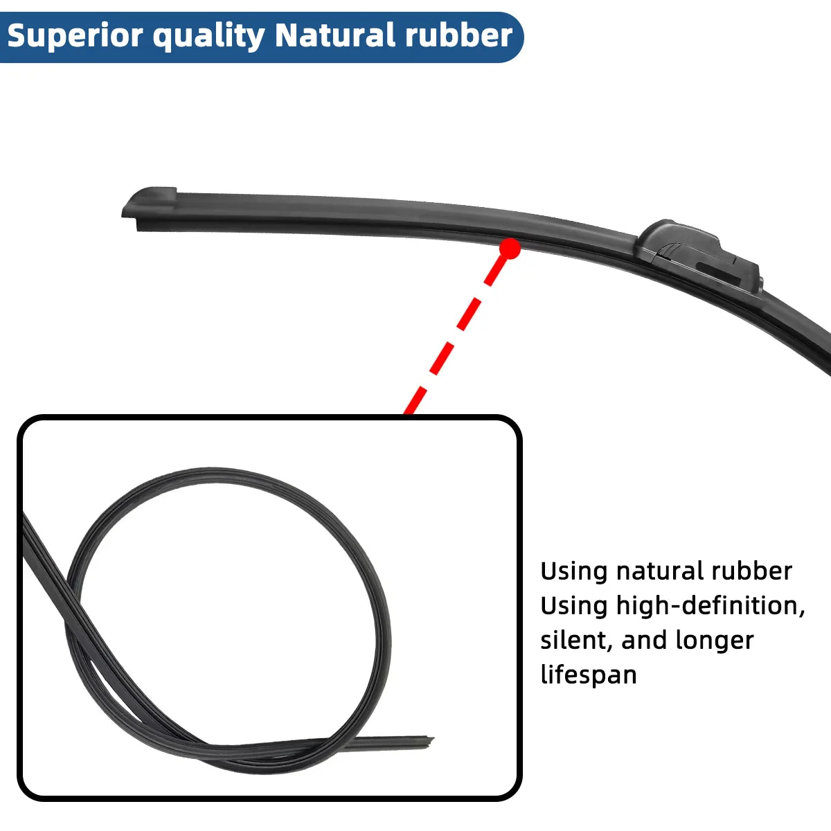 A black natural rubber windshield wiper blade is shown, highlighting its quality and long lifespan.