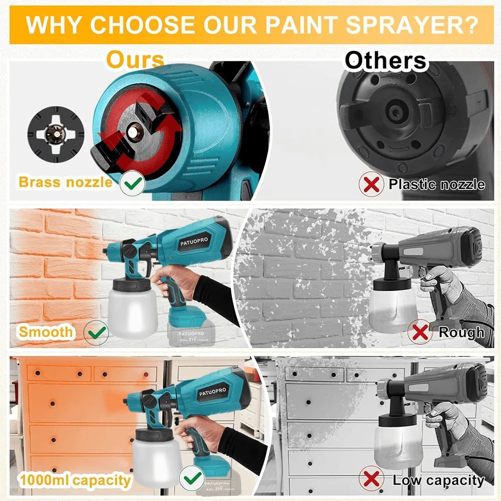 Comparison image showing a brass nozzle paint sprayer versus a plastic nozzle, highlighting features like smoothness and capa